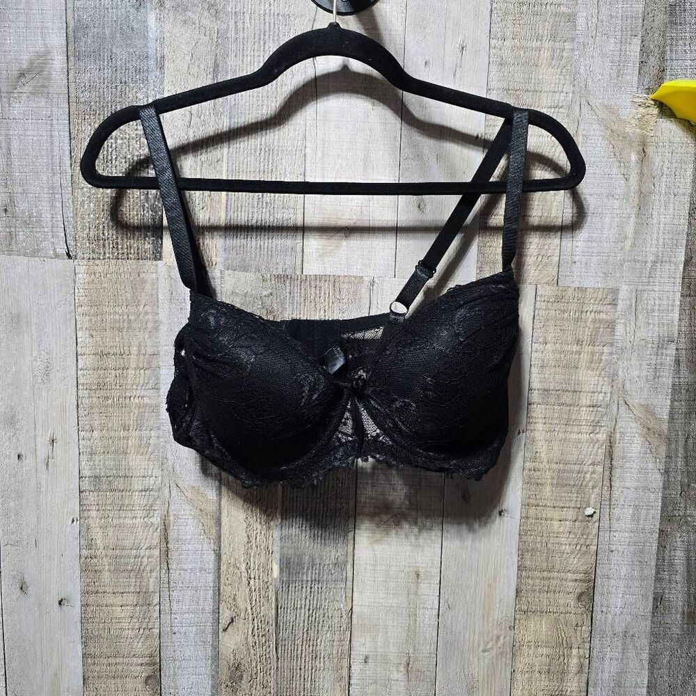 International Intimates Black Lace Underwire Balconette Bra 40C Plus Sexy Linger